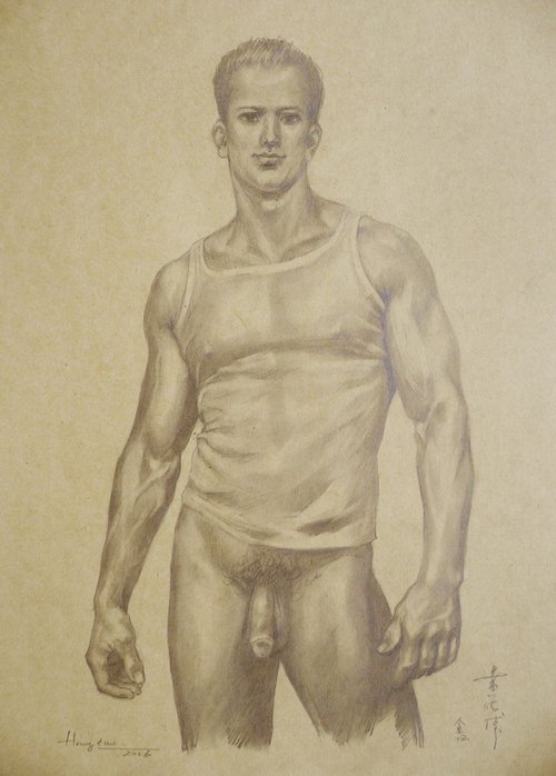 DRAWING PENCIL MALE NUDE MAN ON BROWN PAPER#16-6-8 by Hongtao Huang