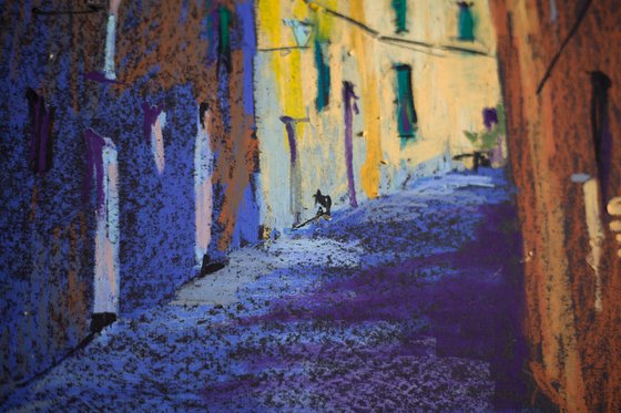 Street in Bergamo, Italy. Dark colors urban landscape. Italy small oil pastel impressionistic painting dark moody contrast street view