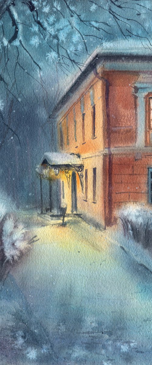 Winter evening near an old house by SVITLANA LAGUTINA