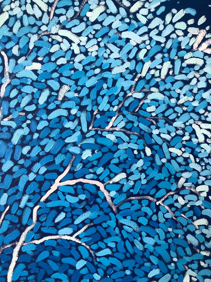 Impressionistic Botanical Oil Painting By Volodymyr Smoliak, 31 X 31", Blue Tree, Original Artwork