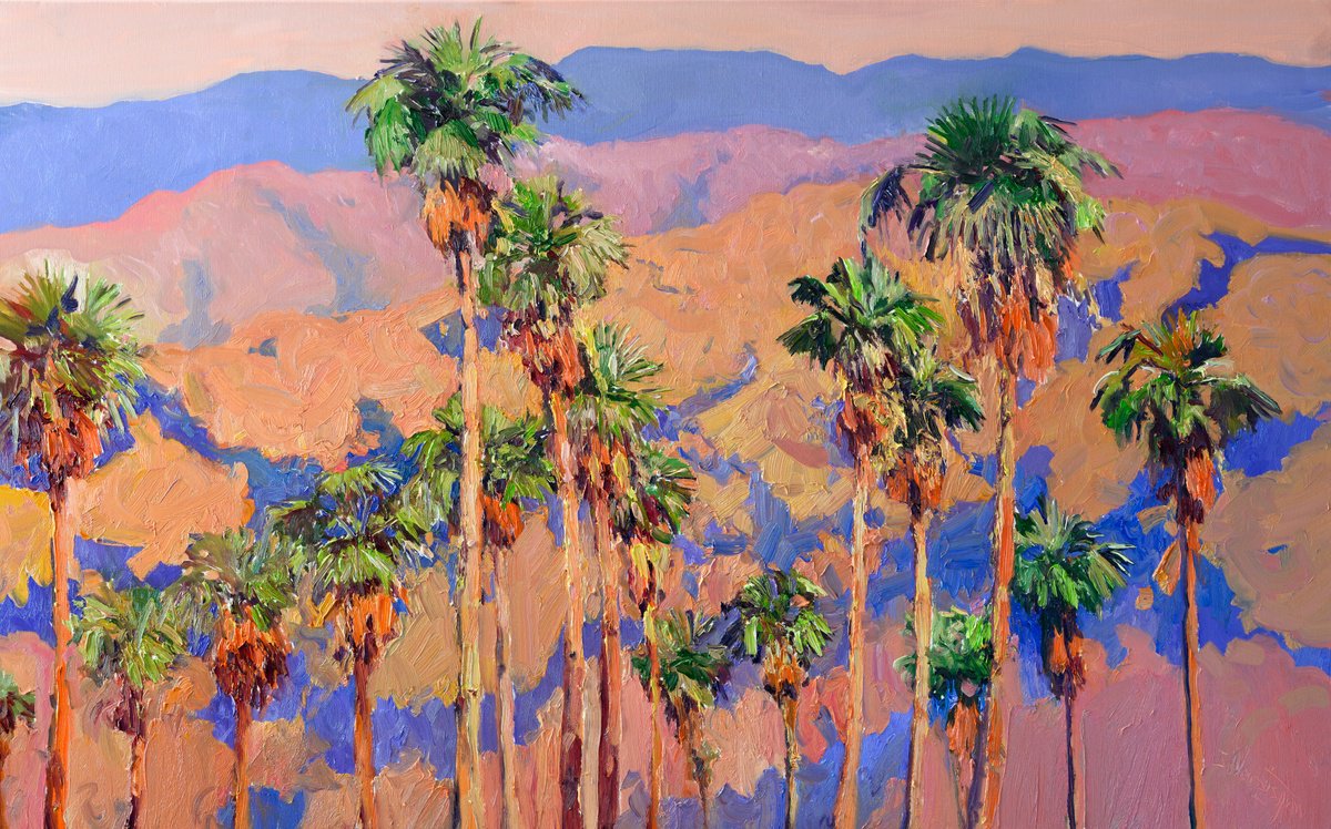 Expressive Landscape Oil Painting By Suren Nersisyan, 48 X 30", Palm Trees From Desert, Original Artwork