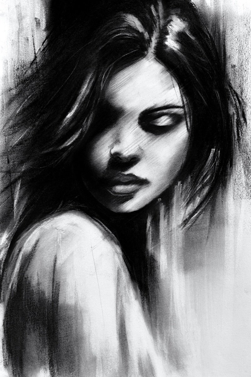 Illustrative Charcoal Drawing , Veil Of Silence By Denny Stoekenbroek, 13 X 20, Artwork For Sale On Artfinder