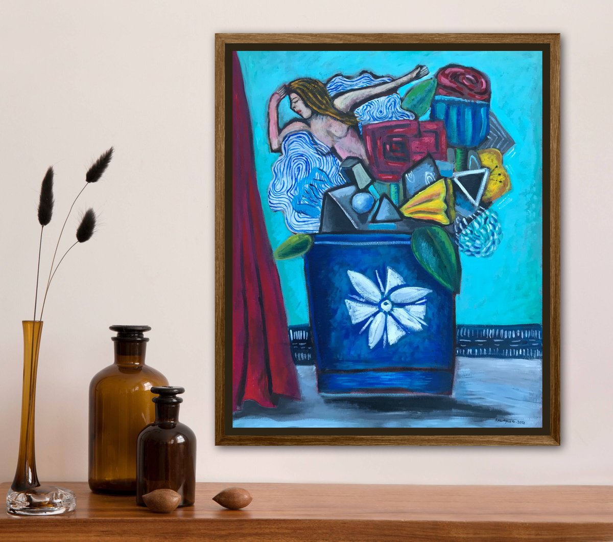 Geometric Botanical Oil Painting By Roberto Munguia Garcia, 21 X 26", Living In A Flower Pot, Original Artwork