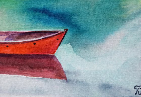 Mountains Painting, Boat on the Lake Original Watercolor Painting, Landscape Wall Art