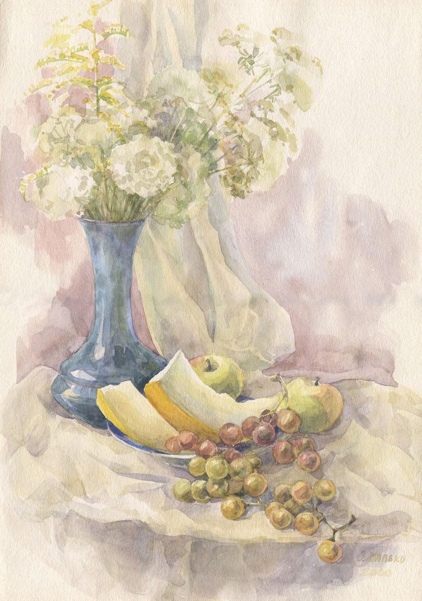 Still life with melon slices / Fruits and flowers Light summer watercolor by Olha Malko