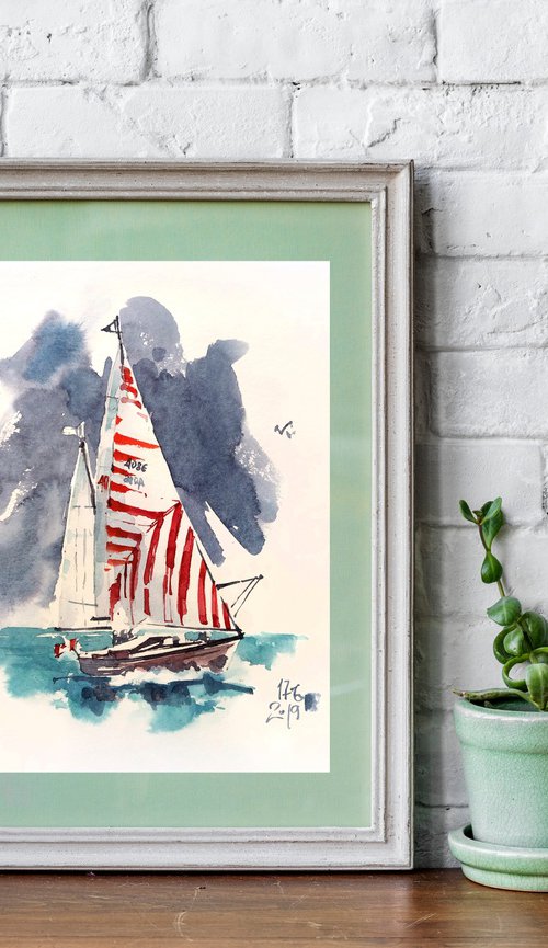 Watercolor sketch "Yacht with striped sails" - series "Artist's Diary" by Ksenia Selianko