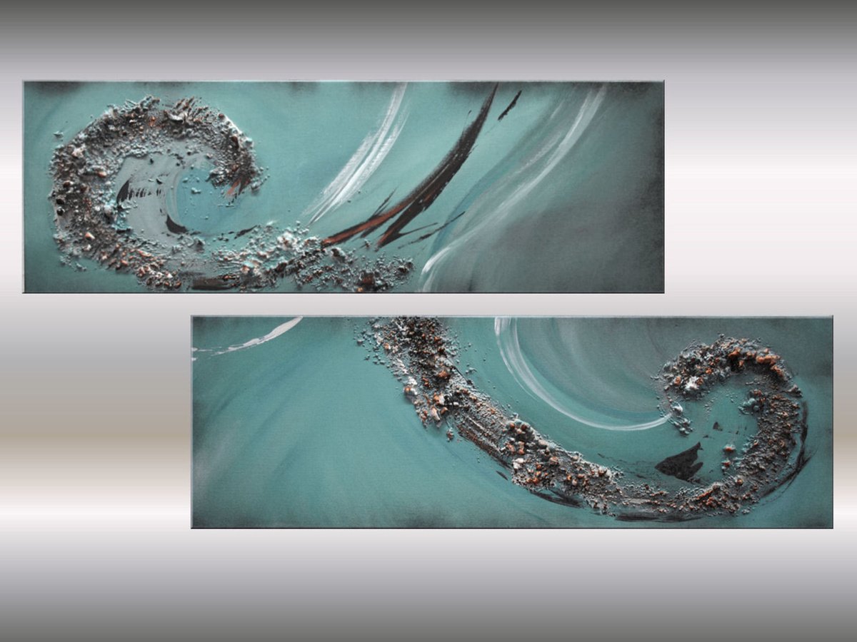 Two Waves - Blue Golden Artwork - Abstract Art by Edelgard Schroer