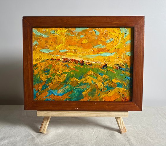 Yellow sunset in the field