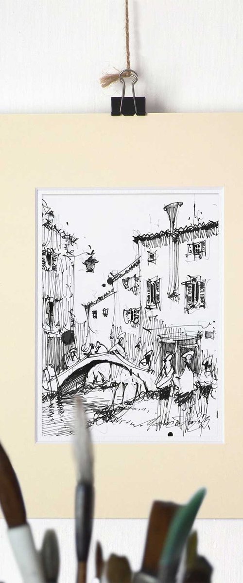 Venetian landscape, Original ink drawing by Marin Victor