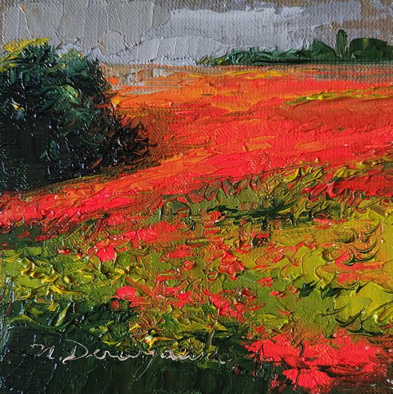 Poppy flowers red fields painting original, Landscape oil art miniatures in frame