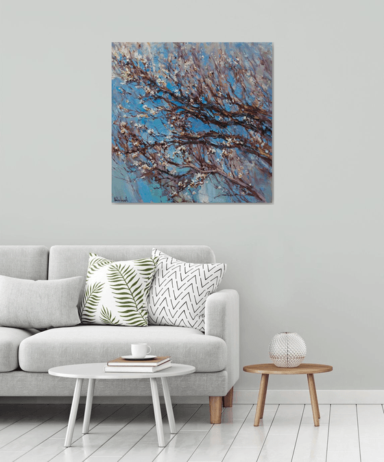 Flowering apricot tree - Original oil painting