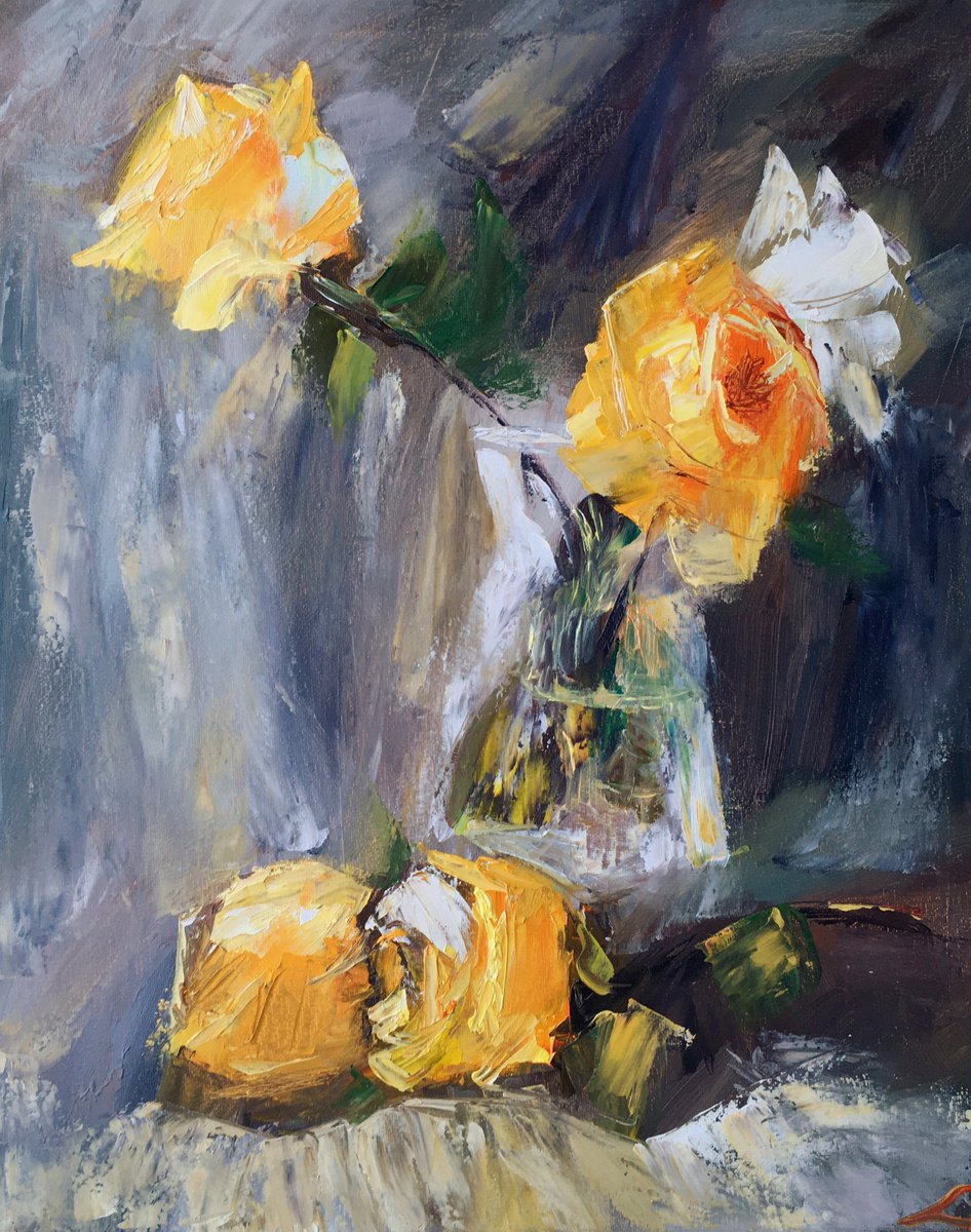 Impressionistic Botanical Oil Painting By Elena Sokolova, 16 X 20, Roses, Original Artwork