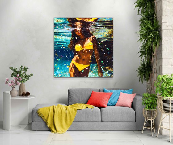Beautiful black african american woman in a yellow bikini under water in the swimming pool, sea, ocean with blue turquoise color waves with bright sun glares. Female portrait artwork, sexy body figure woman. Positive relax holiday colorful wall art home decor