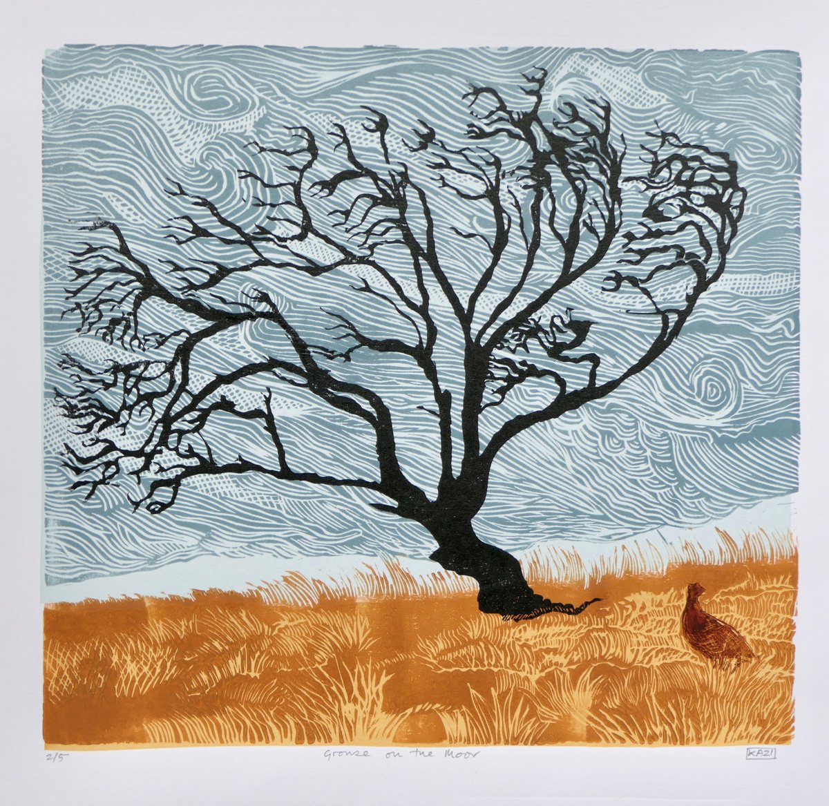 Illustrative Animal Linocut By Keith Alexander, 20 X 20", Grouse On The Moor, Original Artwork