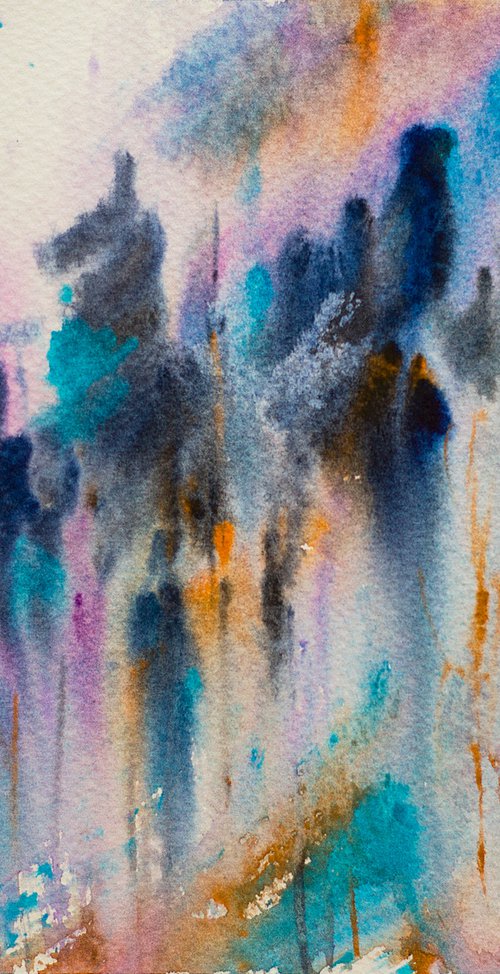 Autumn forest. Abstraction. Original watercolor impression blue moody interior minimalistic by Sasha Romm
