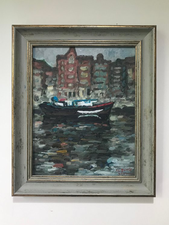 Original Oil Painting Wall Art Signed unframed Hand Made Jixiang Dong Canvas 25cm × 20cm Cityscape Amsterdam Boat River House Small Impressionism Impasto