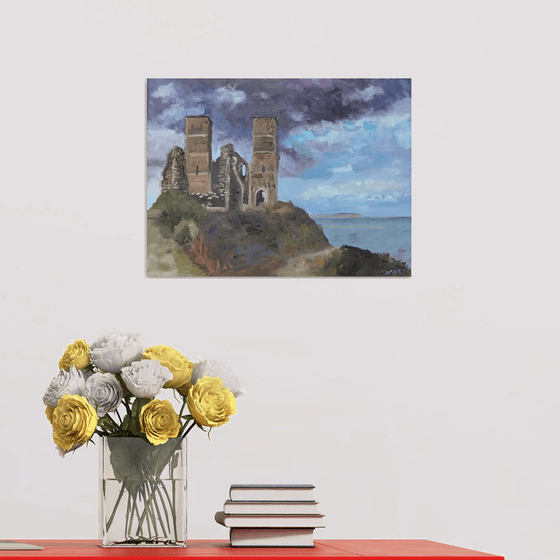 Old towers at Reculver fort, on the north Kent coast. Oil painting