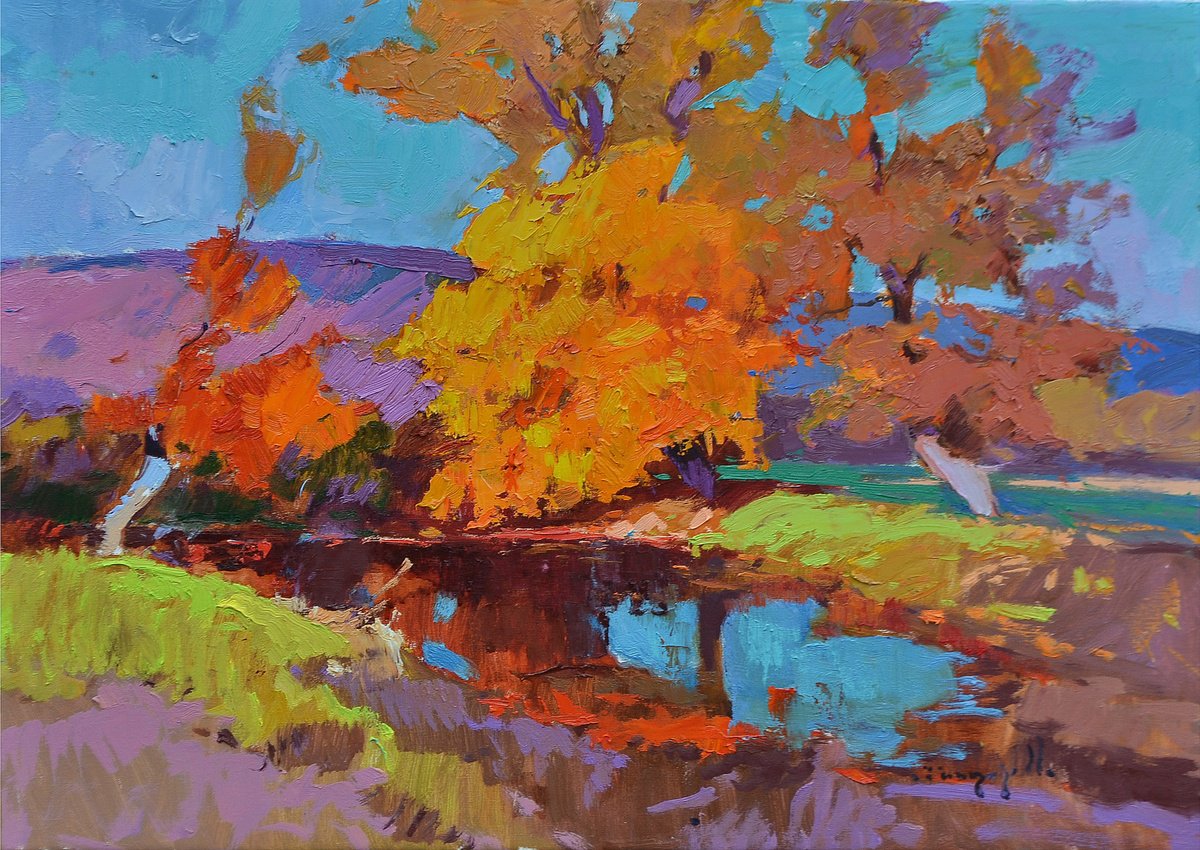 Impressionistic Landscape Oil Painting By Alexander Shandor, 31 X 24, Backwater, Original Artwork