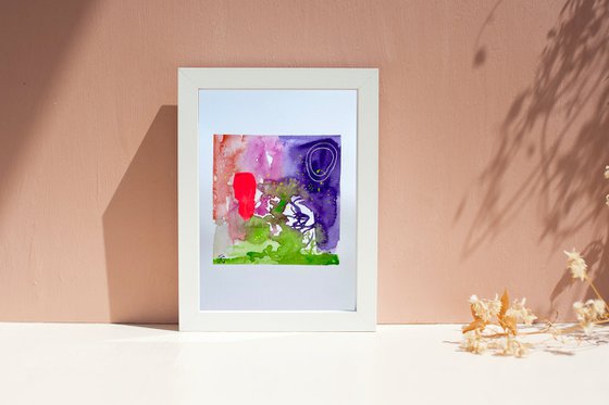 Abstract Watercolor Painting, Colorful Original Mixed Media Artwork, Boho Wall Decor, Small Green and Red Art