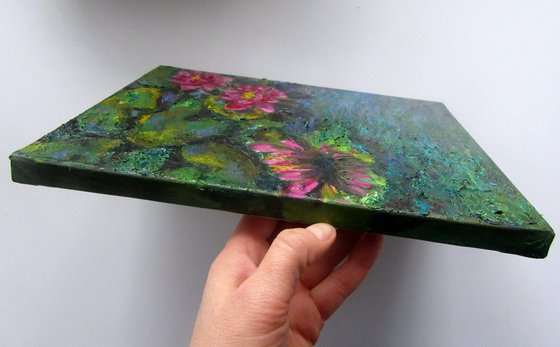 Pink Monet Style Original Oil on Canvas Painting Miniature Waterlily Impressionism Modern Floral Home Decor Fine Art/ Small Oil Painting 10x12in (24x30cm) Valentinas Gift for Her