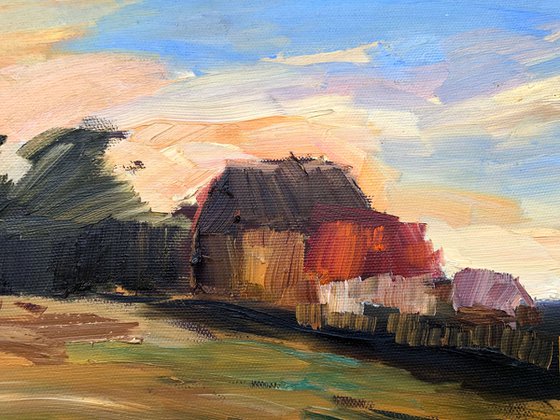 EVENING - landscape oil painting nature rural life sunset cows green field home interior décor gift idea
