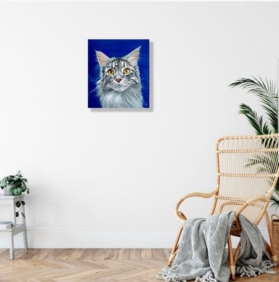 Grey Cat, Cat Oil Painting Maine Coon Original Art Pet Artwork 45x50 cm, ready to hang.