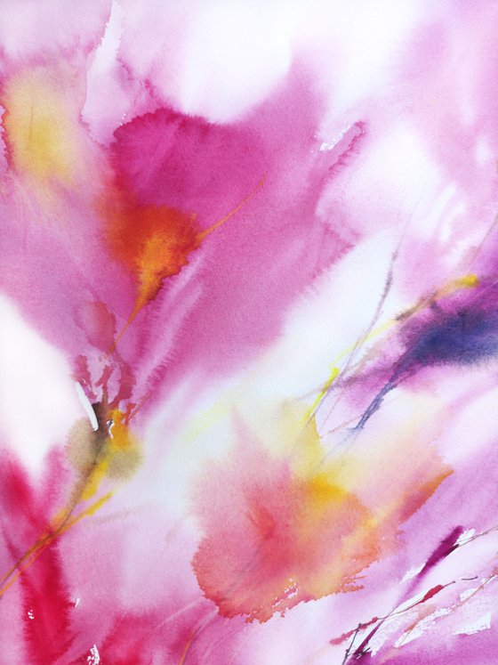 Pink abstract flowers, magenta watercolor floral painting