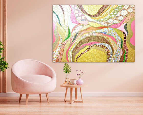 Coral sunset - Relief pink and gold large abstract painting