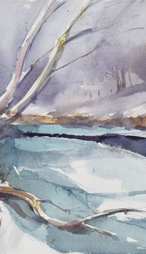 Snowscape with frozen river by Goran Žigolić Watercolors