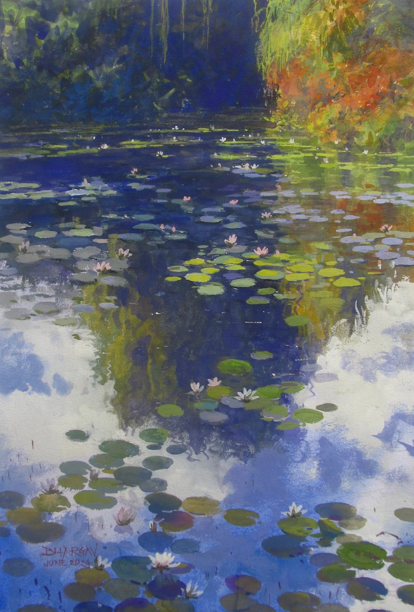 Impressionistic Landscape Painting By Bhargavkumar Kulkarni, 12 X 17, Lotus Garden, Original Artwork