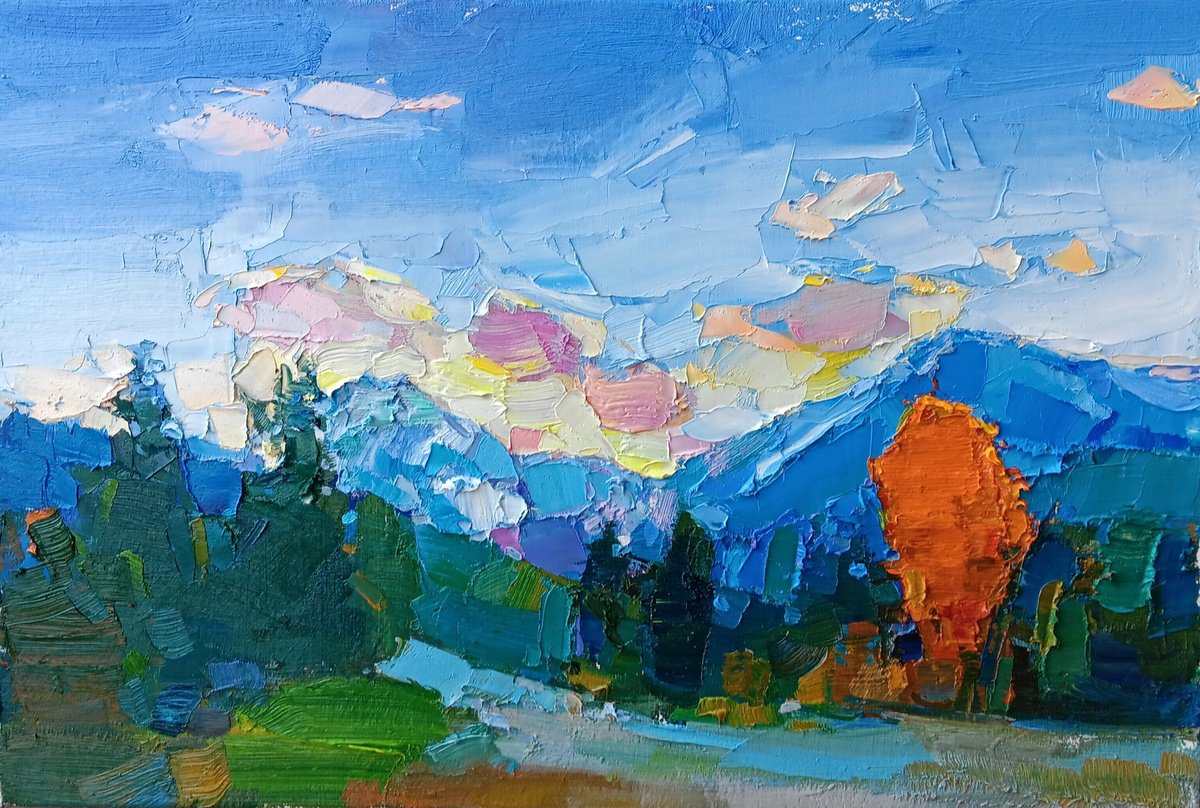 Impressionistic Landscape Oil Painting By Ruslan Khais, 24 X 16", First Frost In The Mountains, Original Artwork