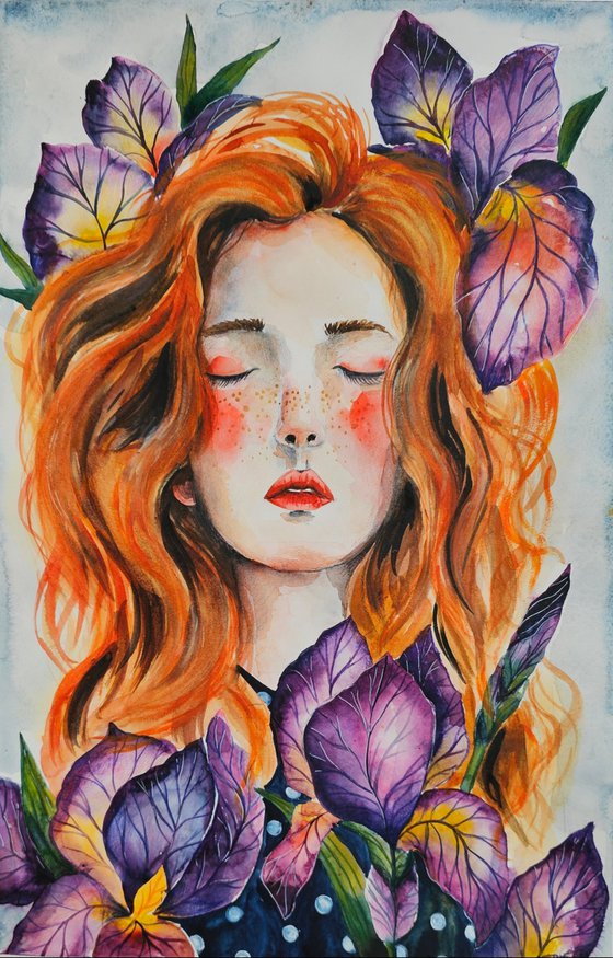Girl with Iris flowers
