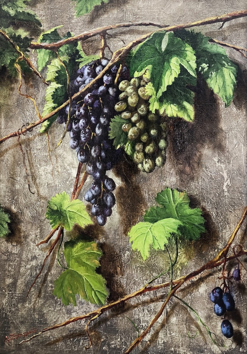 Photorealistic Still Life Oil Painting By Arayik Muradyan, 20 X 28, Ripening Vine, Original Artwork