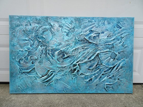 CORAL REEF II. Large Abstract Blue Teal Silver Gray Textured Painting 3D