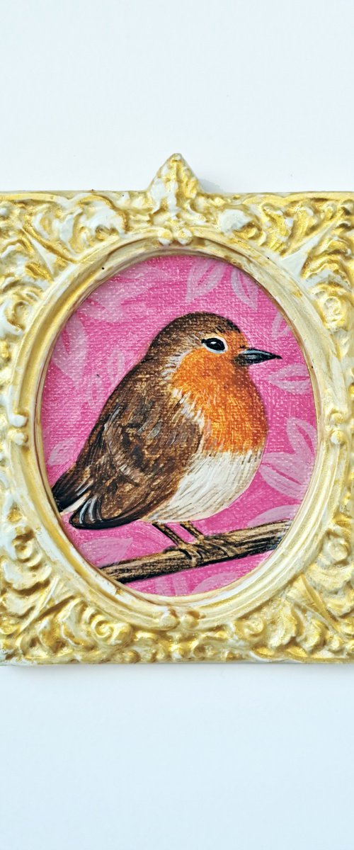 European robin, part of framed animal miniature series "festum animalium" by Andromachi Giannopoulou