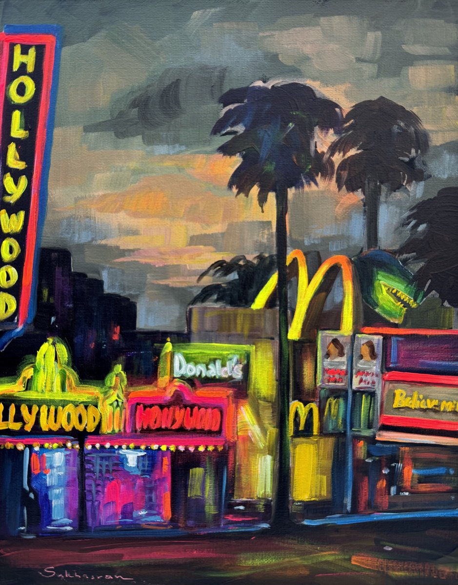 Impressionistic Cityscapes Acrylic Painting By Victoria Sukhasyan, 11 X 14", Hollywood Cityscape, Original Artwork