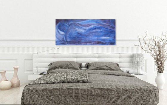 Horizontal painting, Oil Painting in shades of Blue, Dimension in Blue.