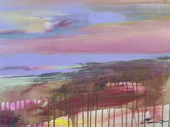 Bright horizontal painting - "Violet sunset" - Landscape - Expressionism - Seascape - Sunset