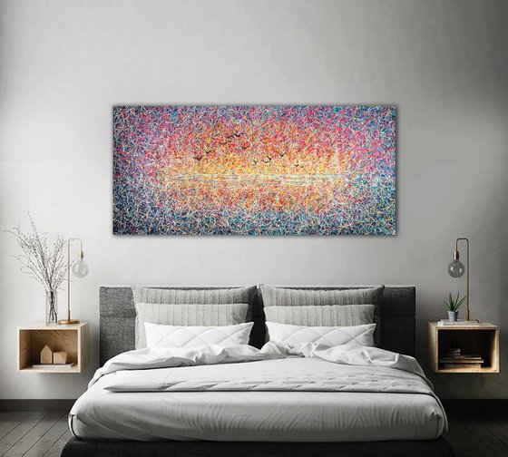 Sunset large painting Colorful sky Maldives Tropical landscape Pink Orange sunrise Jackson pollock