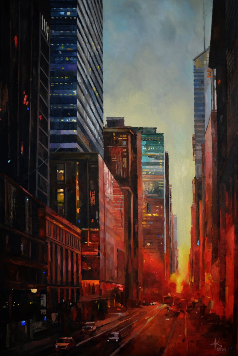 Expressive Cityscapes Oil Painting By Zhanna Kondratenko, 24 X 35", Evening Steals The Sun, Original Artwork