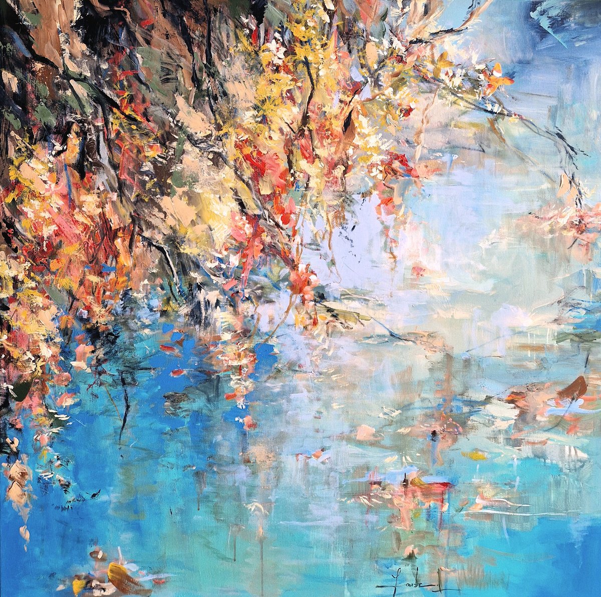 Impressionistic Landscape Painting By Irina Laube, 39 X 39, Reflections Of Happiness, Original Artwork