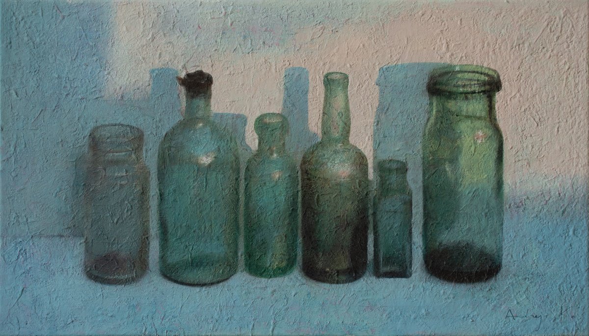 Impressionistic Still Life Acrylic Painting By Andrejs Ko, 28 X 16, The Setting Sun And Glass Bottles, Original Artwork