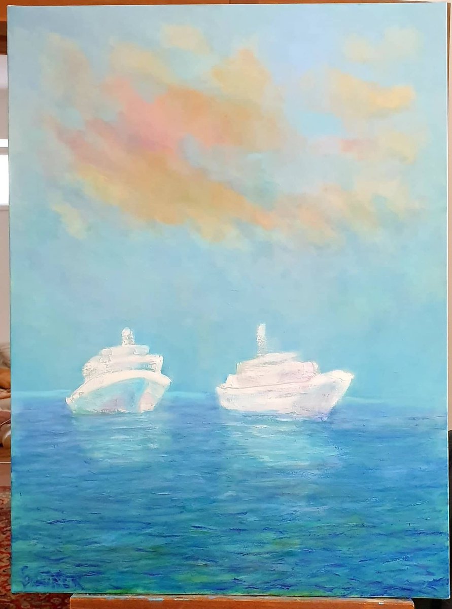 Impressionistic Landscape Oil Painting By Leo Baxiner, 19 X 28", Two Boats In The Ocean. Dream, Original Artwork
