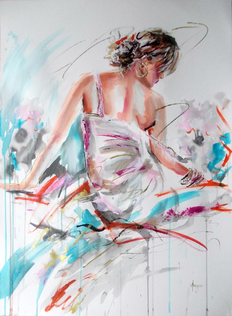 Tranquil -Woman Painting on Paper by Antigoni Tziora