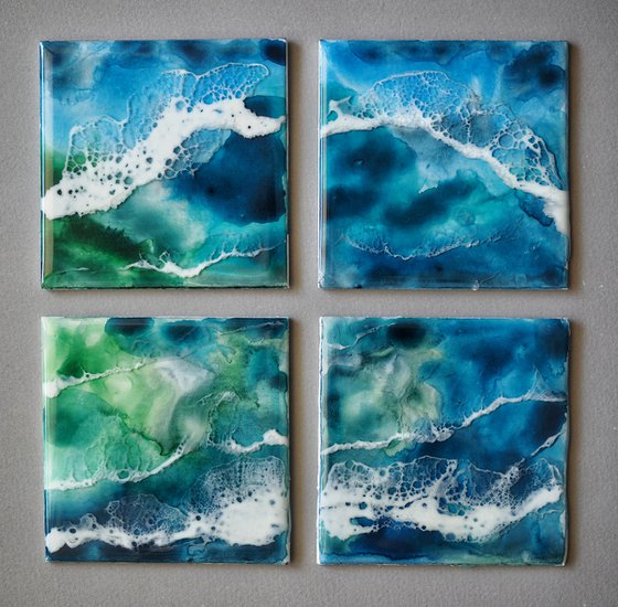 Blue lake - set of 4 original seascape painting, polyptych