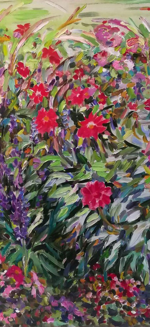 BLOOMING FLOWER BED - Luxembourg Gardens, Paris, France - floral art, original oil painting by Karakhan