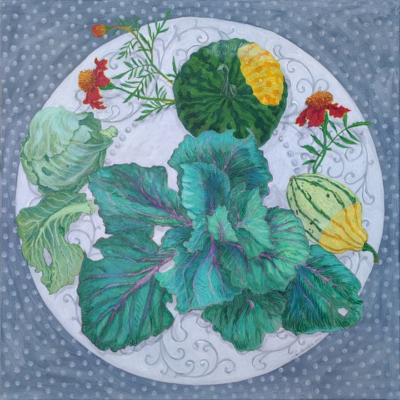Cabbage Mars and Marigold on a white plate