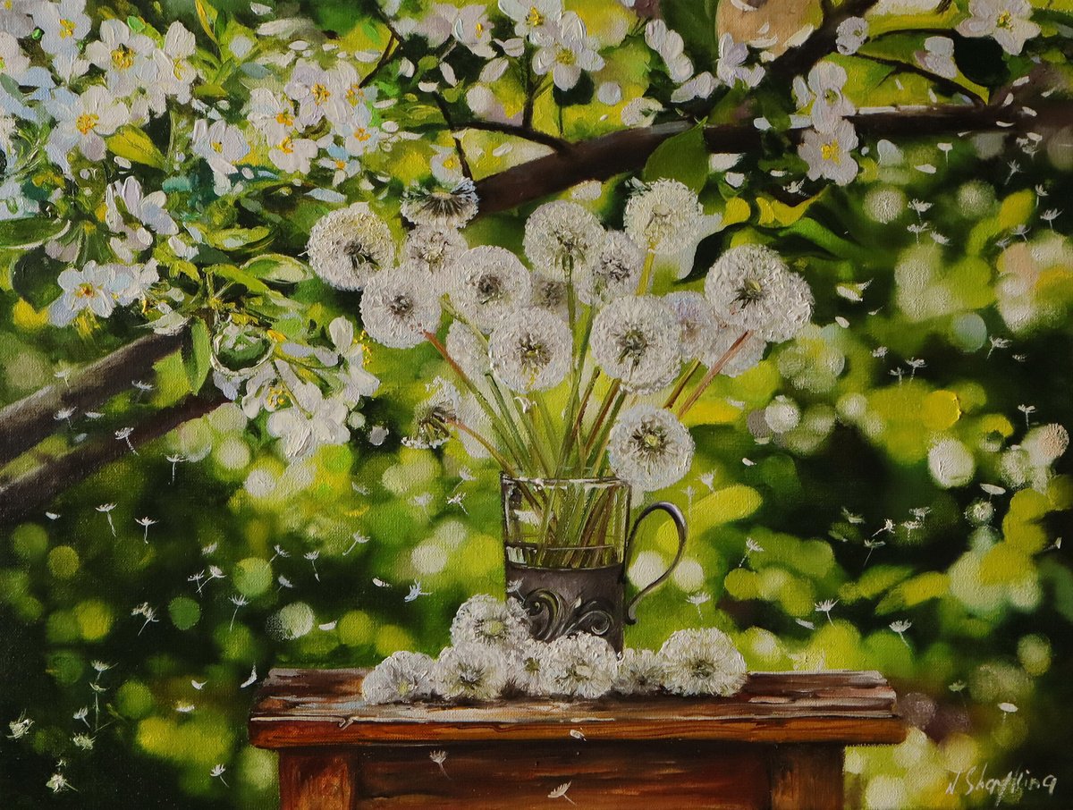 Photorealistic Botanical Oil Painting By Natalia Shaykina, 16 X 12", Bouquet Of Delicate Dandelions, Original Artwork