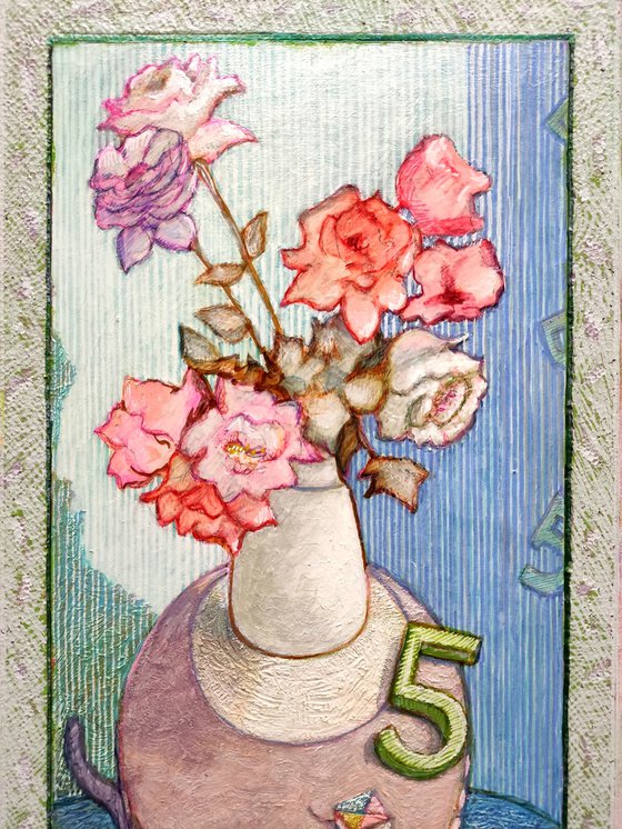 VASE OF FLOWERS WITH NUMBER 5