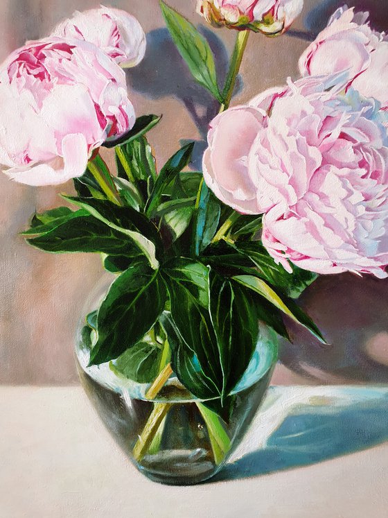 "A bouquet of peonies in a glass vase." still life peony pink summer  white liGHt original painting  GIFT (2020)